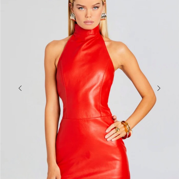 Retrofete Bold Red Halter Leather Mini Roxy Dress - Picture 2 of 9